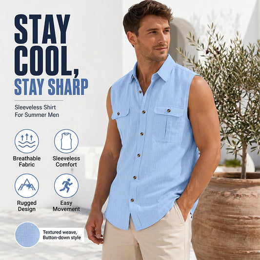 Herren Sommer ärmelloses Button-Down-Hemd