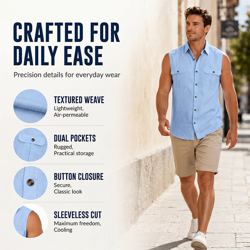 Herren Sommer ärmelloses Button-Down-Hemd