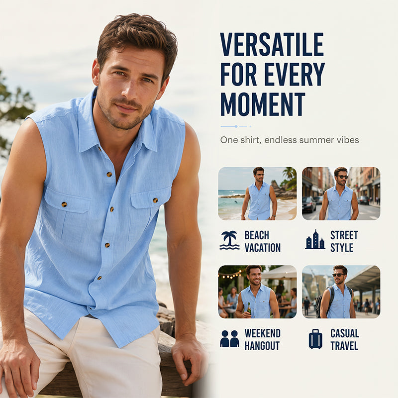Herren Sommer ärmelloses Button-Down-Hemd