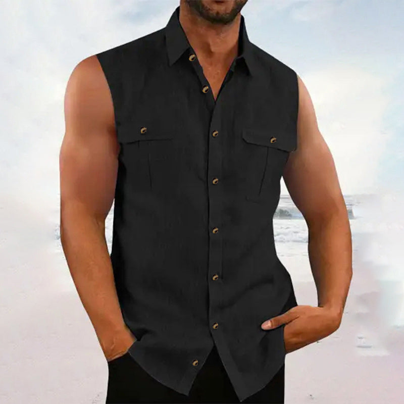 Herren Sommer ärmelloses Button-Down-Hemd