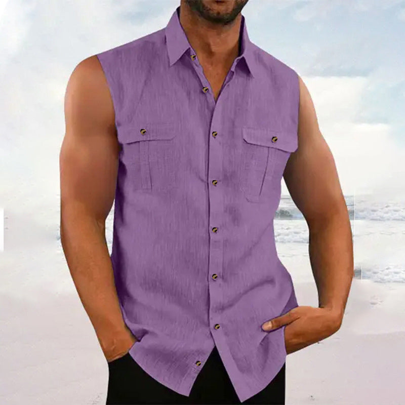 Herren Sommer ärmelloses Button-Down-Hemd