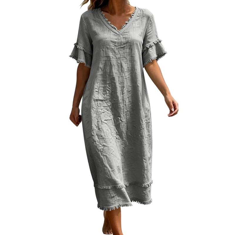 📢📢 Alle tragen es – noch nicht? Jetzt 50%! Locker sitzendes Midi-Kleid für Damen mit V-Ausschnitt und Quasten