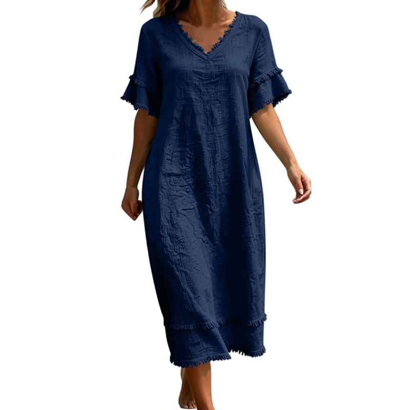📢📢 Alle tragen es – noch nicht? Jetzt 50%! Locker sitzendes Midi-Kleid für Damen mit V-Ausschnitt und Quasten