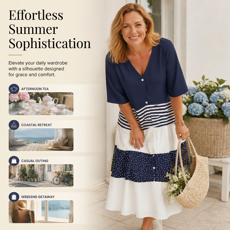Damen Sommer V-Ausschnitt-Knopfleisten-Maxikleid