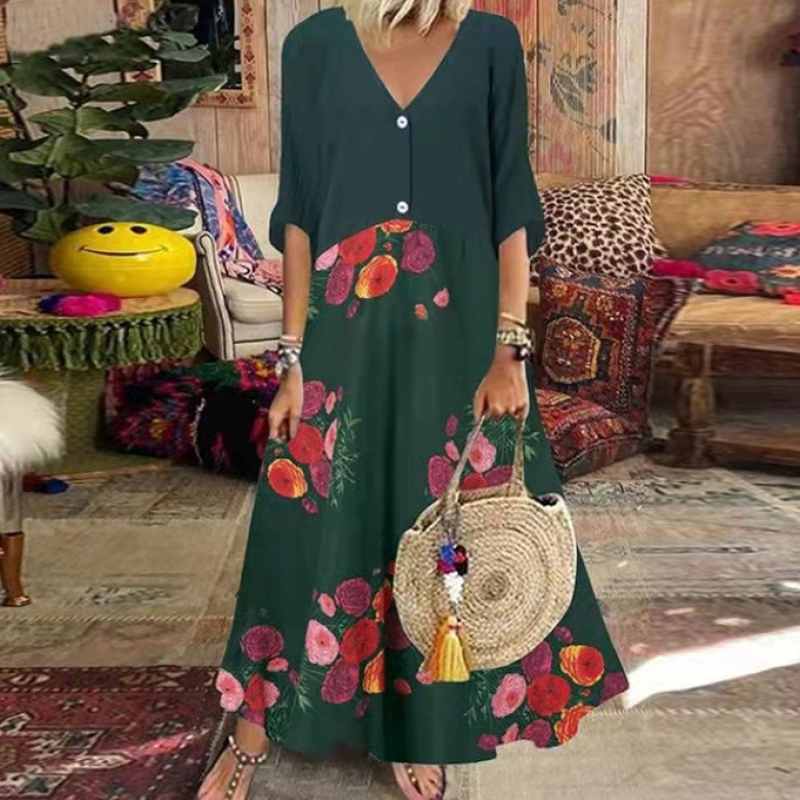 Damen Sommer V-Ausschnitt-Knopfleisten-Maxikleid