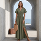 Damen Sommer V-Ausschnitt Seitenschlitz Maxikleid