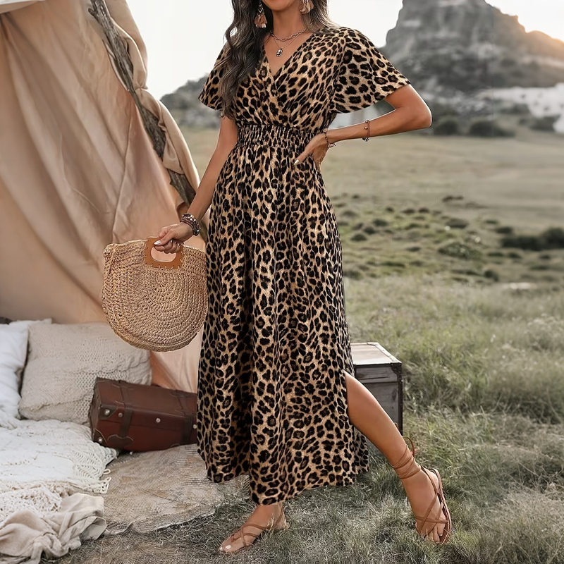 Damen Sommer V-Ausschnitt Seitenschlitz Maxikleid