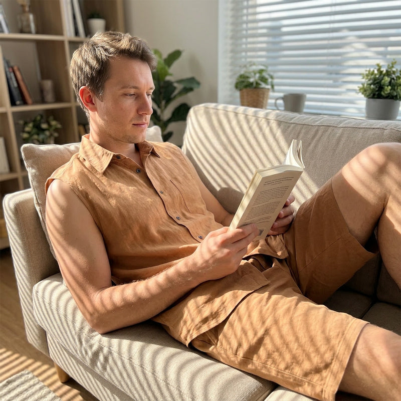 Herren Leinen ärmelloses Hemd & Shorts Set