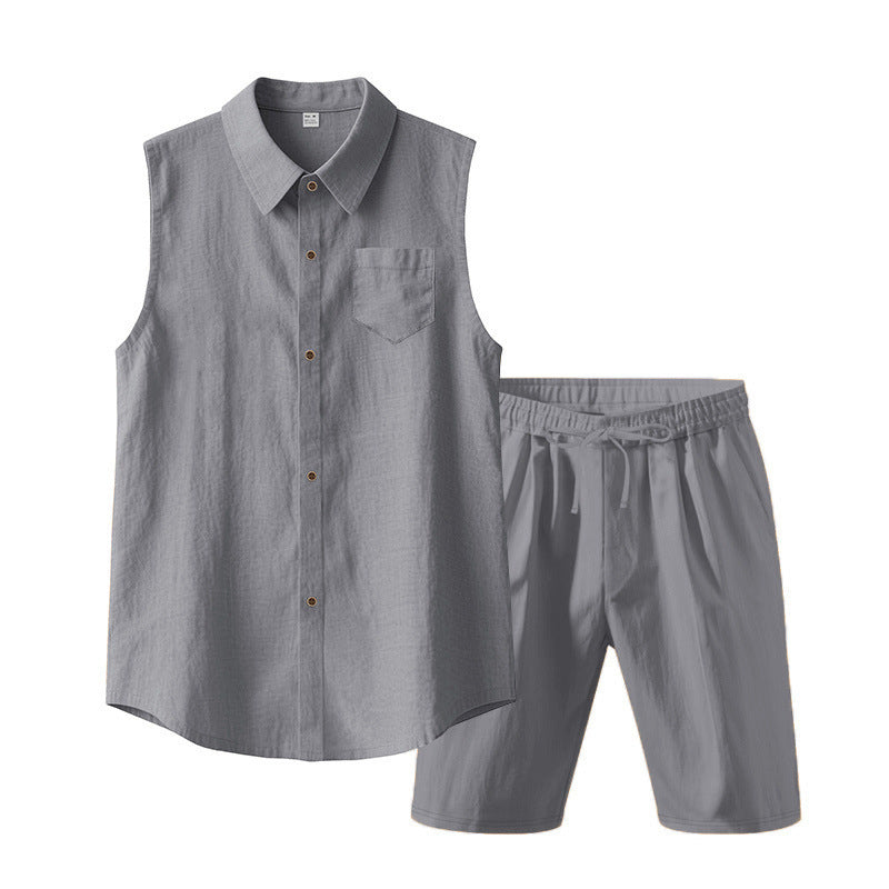 Herren Leinen ärmelloses Hemd & Shorts Set