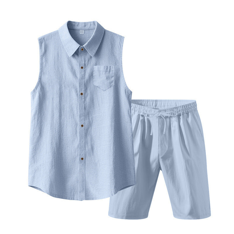 Herren Leinen ärmelloses Hemd & Shorts Set