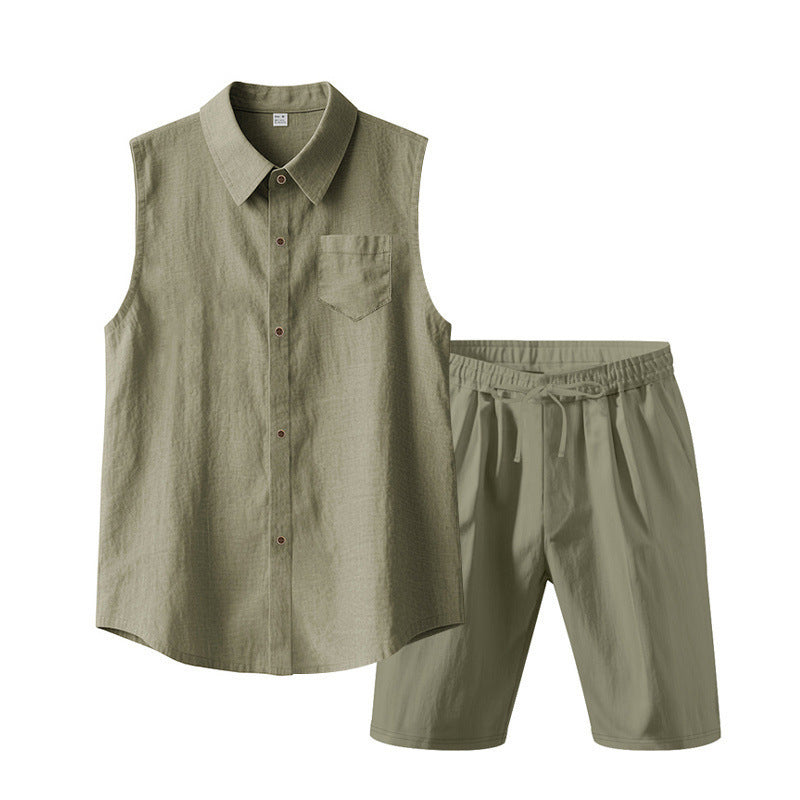 Herren Leinen ärmelloses Hemd & Shorts Set
