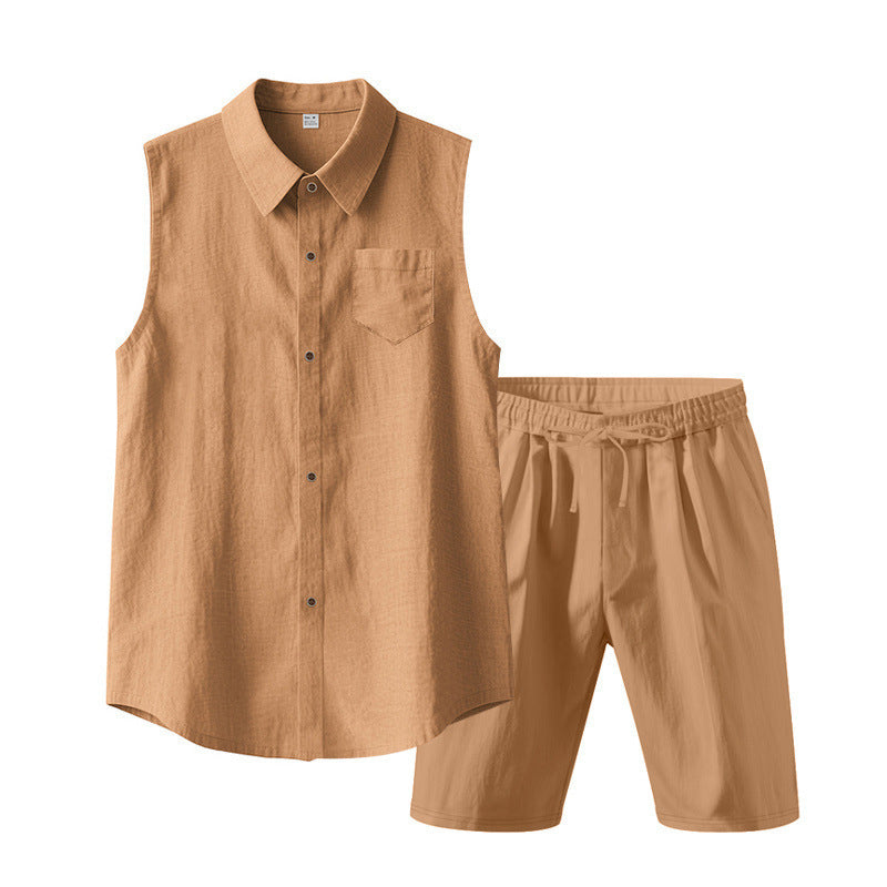 Herren Leinen ärmelloses Hemd & Shorts Set