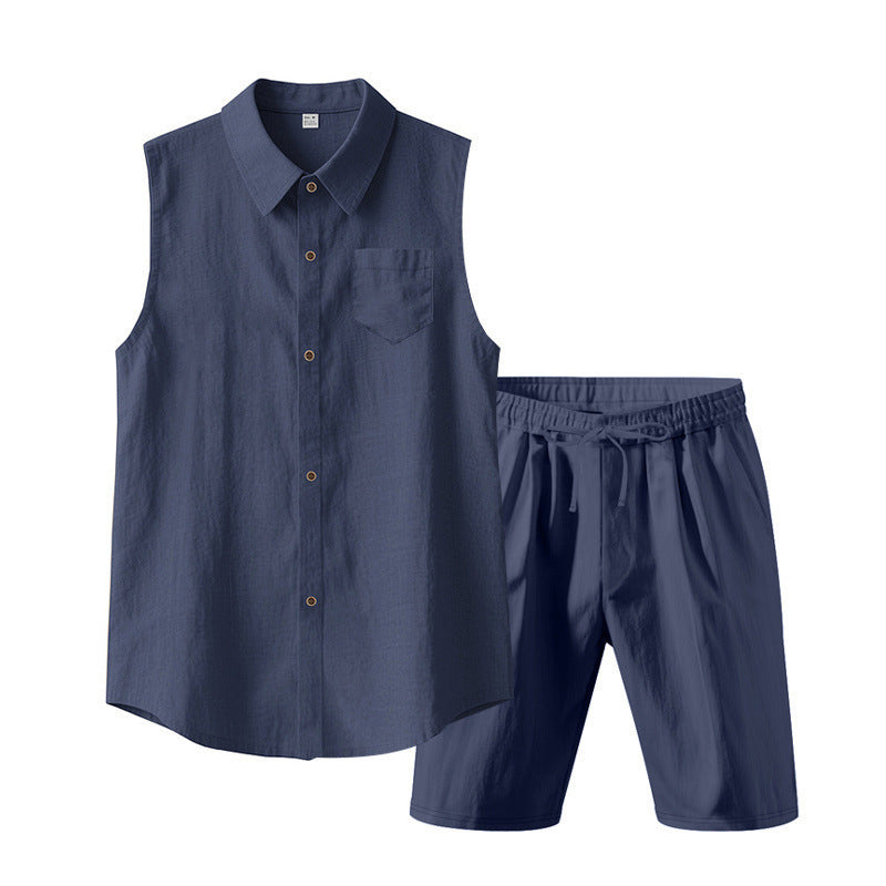 Herren Leinen ärmelloses Hemd & Shorts Set