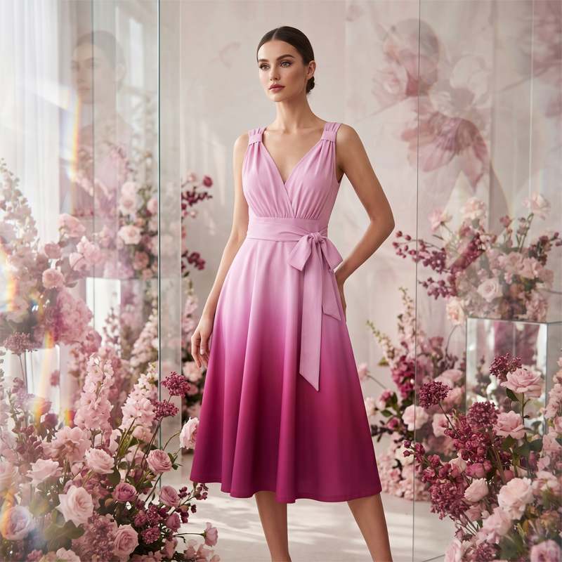 Elegantes Damenkleid mit V-Ausschnitt, Farbverlauf und Taschen