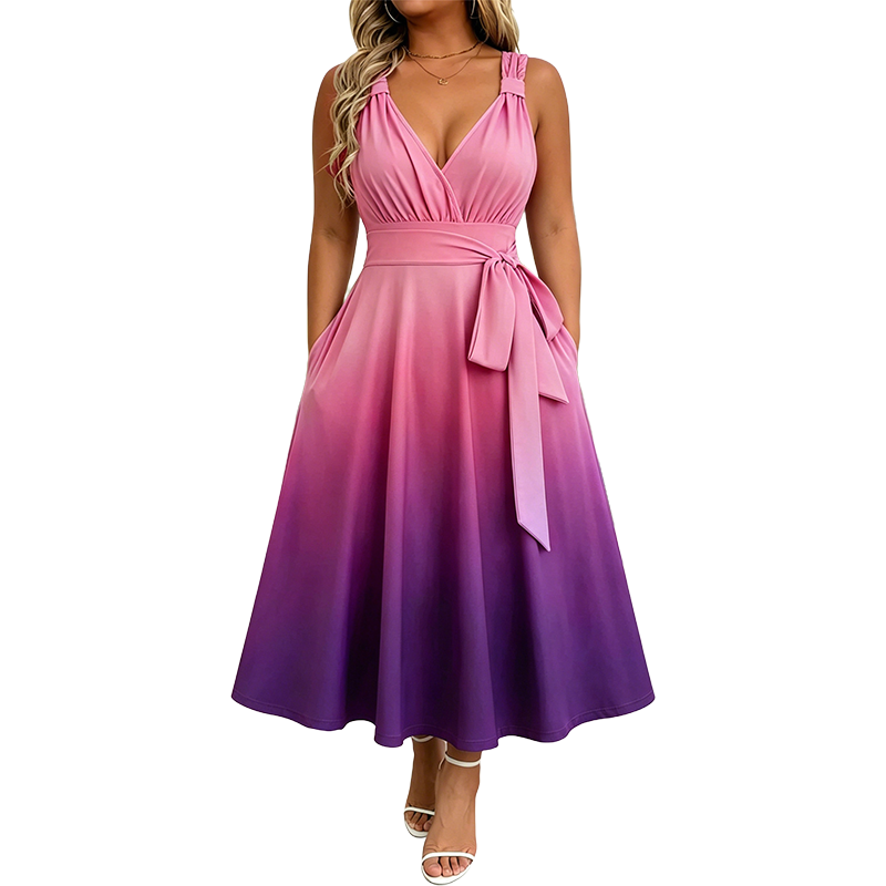 Elegantes Damenkleid mit V-Ausschnitt, Farbverlauf und Taschen