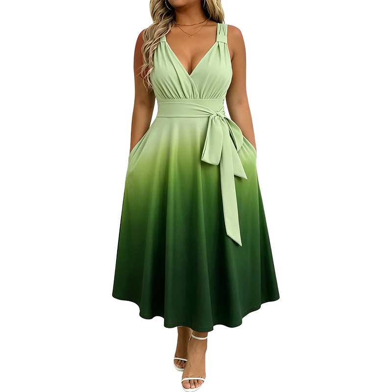 Elegantes Damenkleid mit V-Ausschnitt, Farbverlauf und Taschen