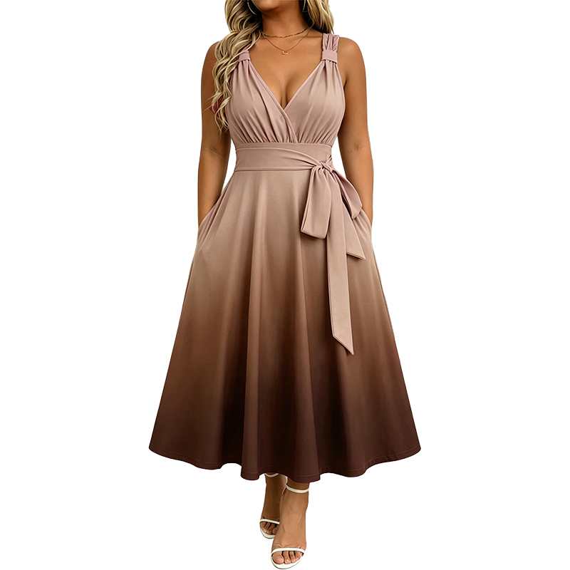 Elegantes Damenkleid mit V-Ausschnitt, Farbverlauf und Taschen