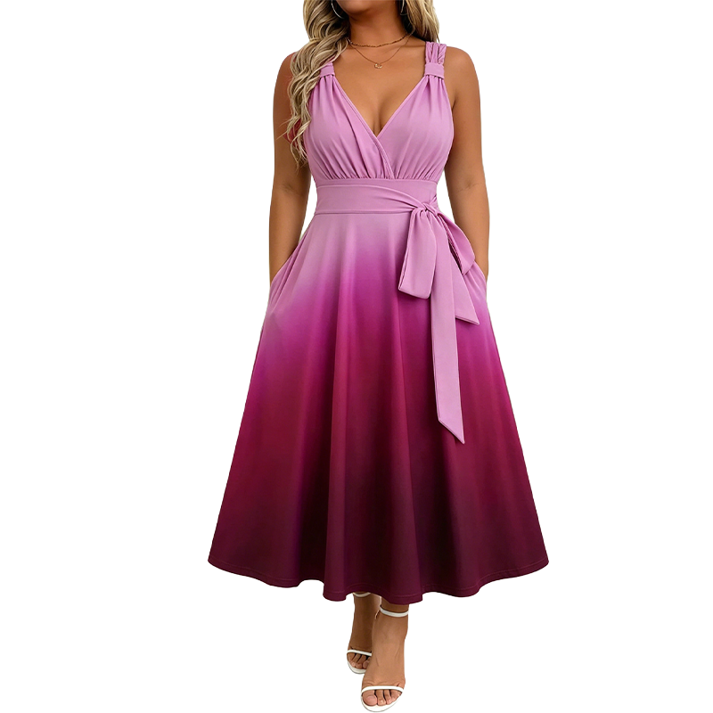 Elegantes Damenkleid mit V-Ausschnitt, Farbverlauf und Taschen