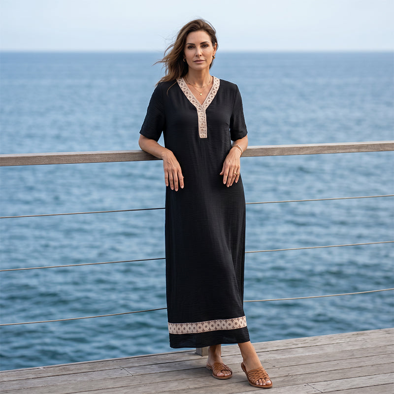 📢📢 Alle tragen es – noch nicht? Jetzt 50%! Elegantes Damenkleid mit V-Ausschnitt und Spitzeneinsätzen