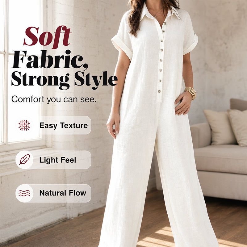 Lässiger, locker sitzender Kurzarm-Jumpsuit mit Knöpfen für Damen