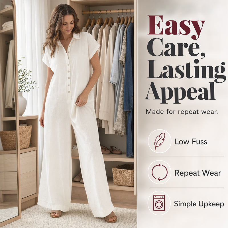 Lässiger, locker sitzender Kurzarm-Jumpsuit mit Knöpfen für Damen