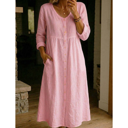 🎯 50%-Schnäppchen! Lässiges Midi-Kleid aus Leinen mit V-Ausschnitt und Knopfleiste für Damen