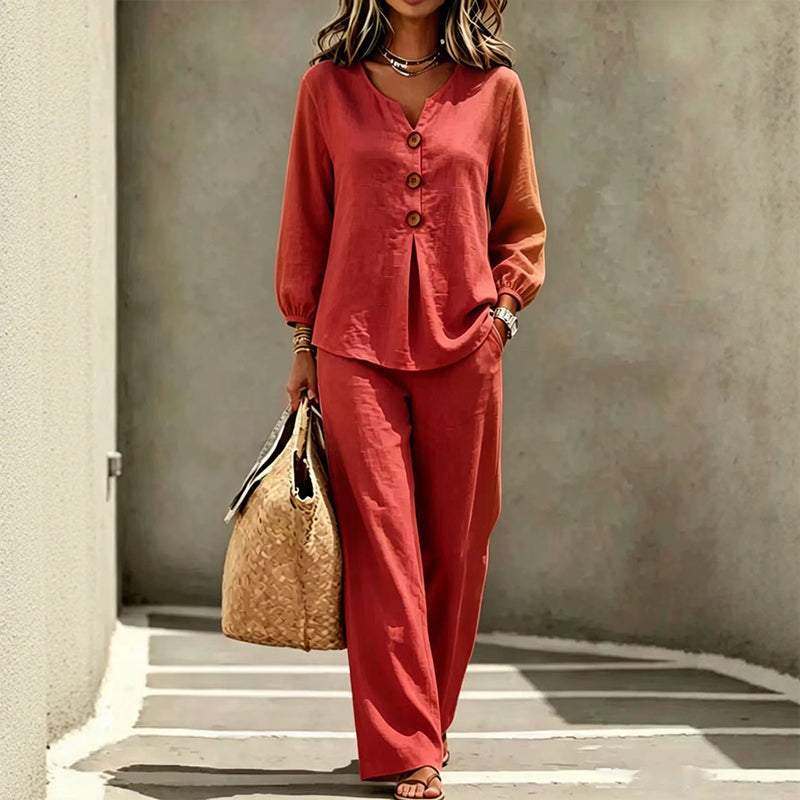 ⏰ Countdown läuft – 50% nur noch 3 Tage! 🌺Set aus langärmeligem Oberteil mit V-Ausschnitt und Hose für Damen
