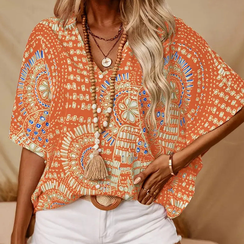 Locker sitzendes Damen-Urlaubs-Top mit V-Ausschnitt, Print und Dolman-Ärmel