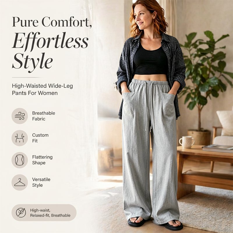 Damen hoch taillierte weite Kordelzug-Hose