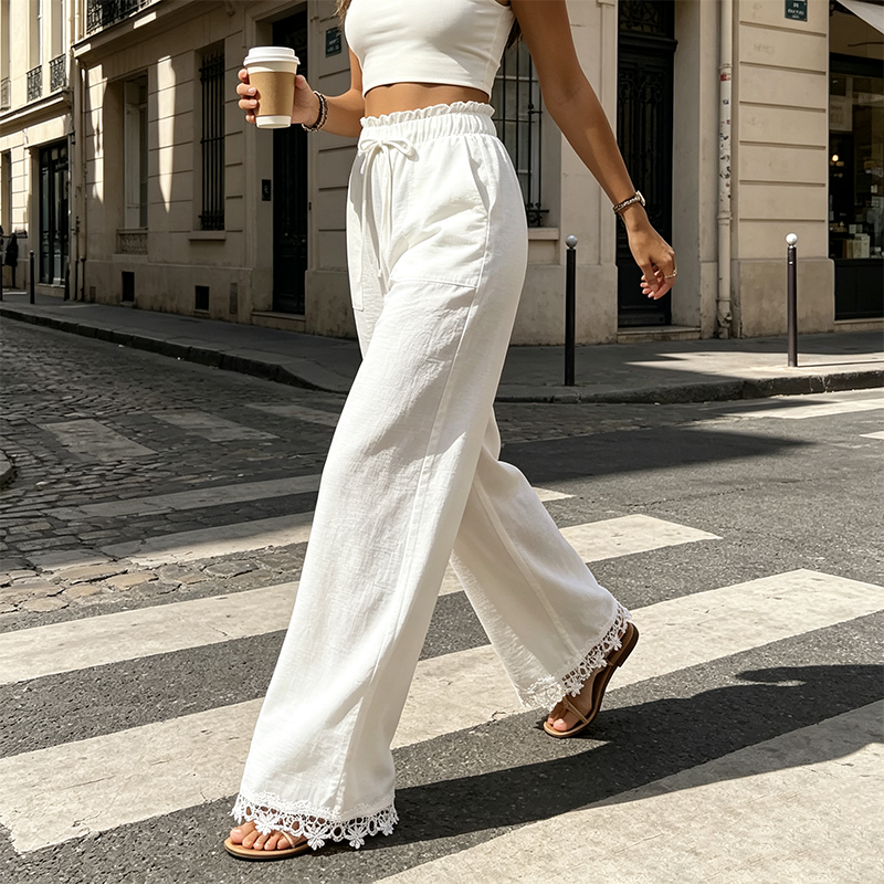 Damen Weitbein-Leinenhose mit Spitzensaum