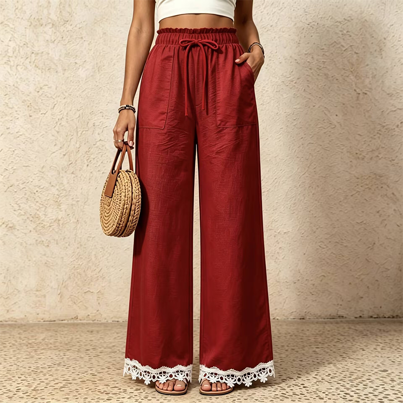 Damen Weitbein-Leinenhose mit Spitzensaum