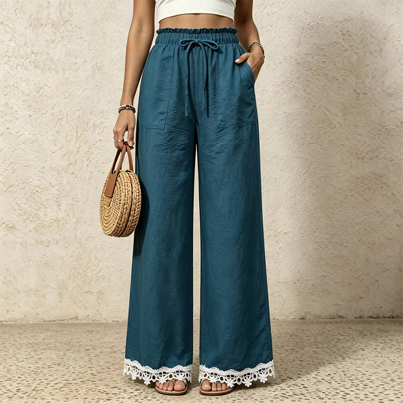 Damen Weitbein-Leinenhose mit Spitzensaum