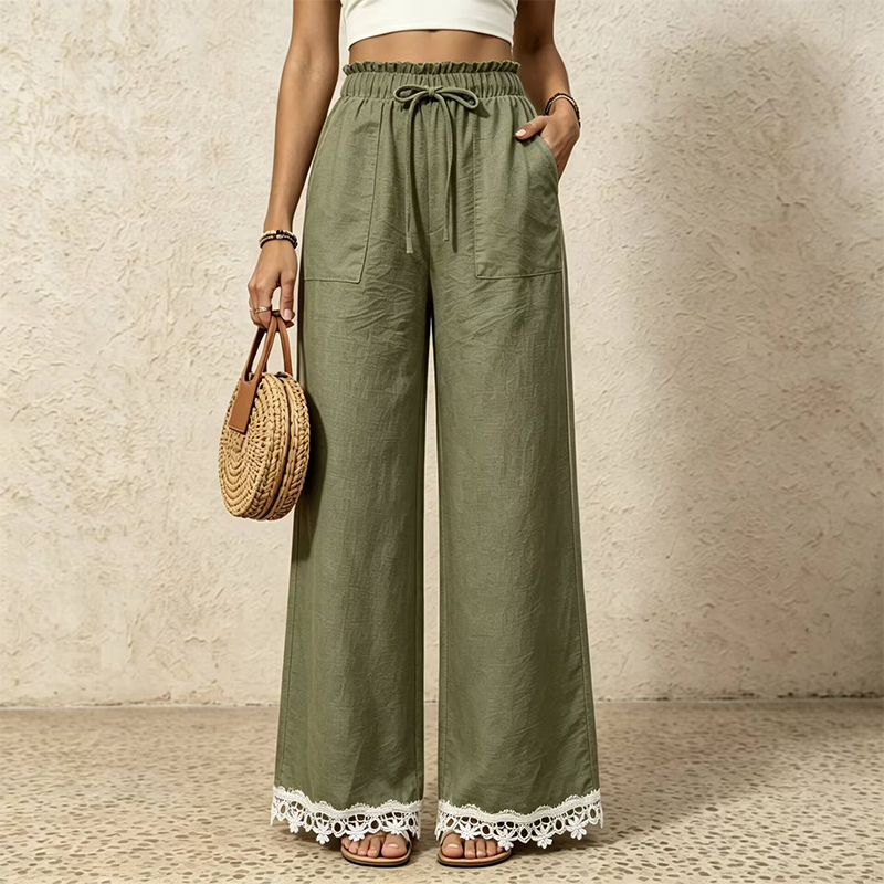 Damen Weitbein-Leinenhose mit Spitzensaum