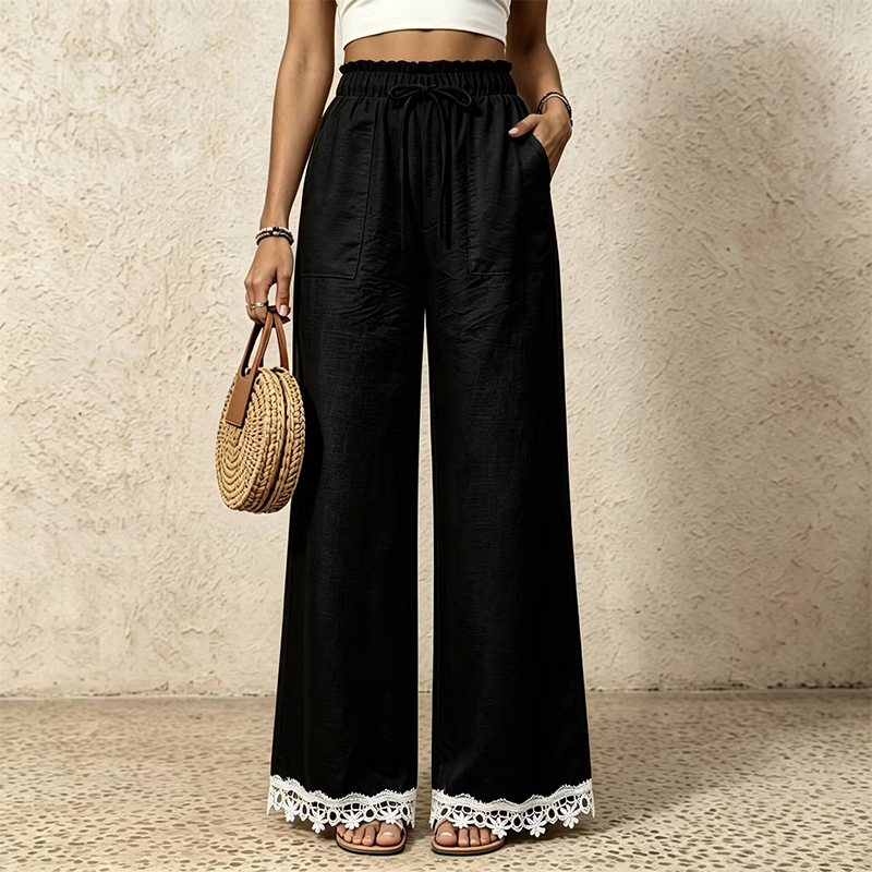 Damen Weitbein-Leinenhose mit Spitzensaum