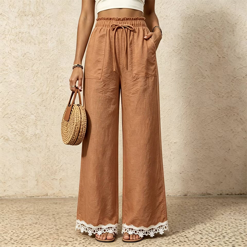 Damen Weitbein-Leinenhose mit Spitzensaum