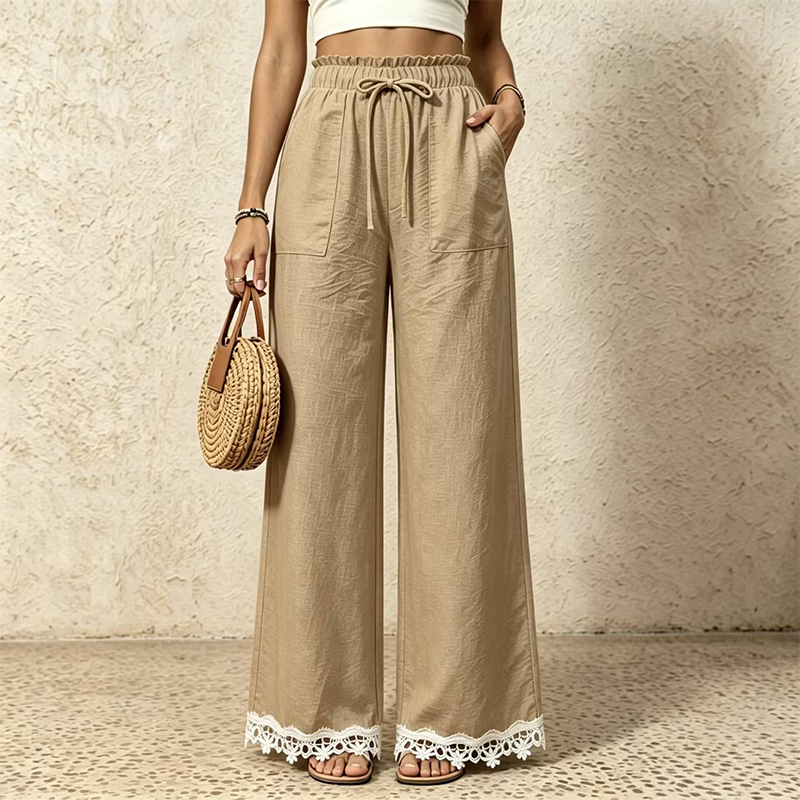 Damen Weitbein-Leinenhose mit Spitzensaum