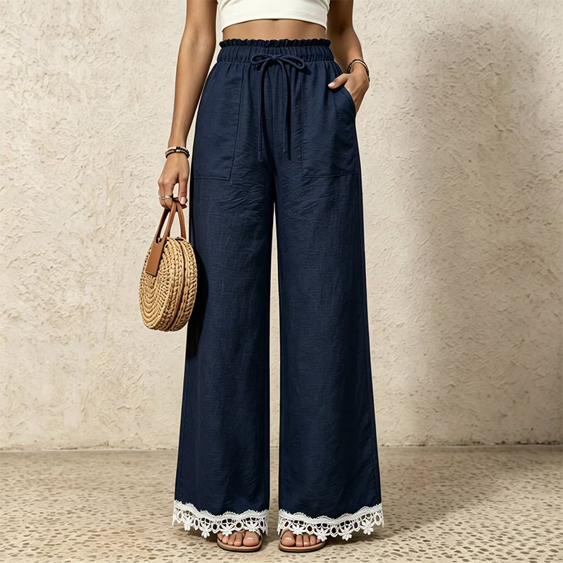 Damen Weitbein-Leinenhose mit Spitzensaum