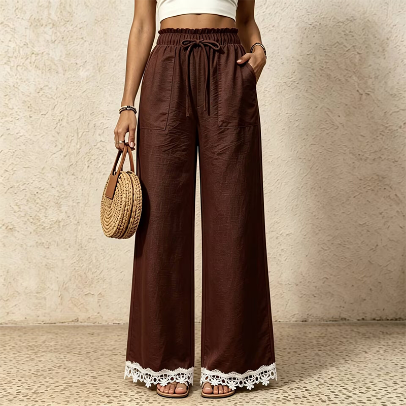 Damen Weitbein-Leinenhose mit Spitzensaum