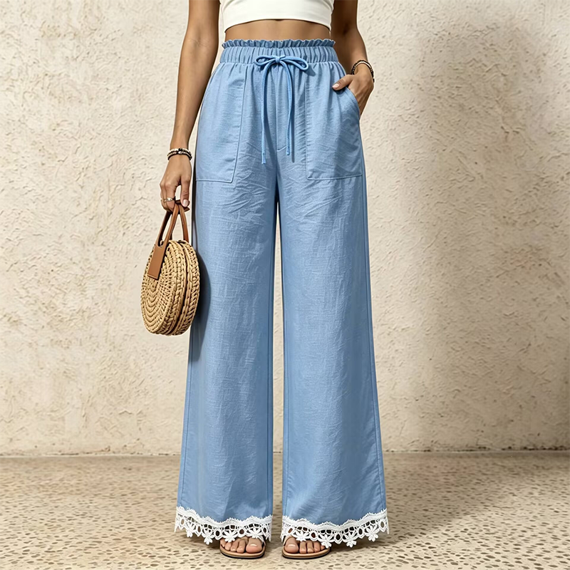 Damen Weitbein-Leinenhose mit Spitzensaum