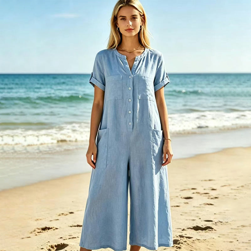 Lässiger Jumpsuit mit kurzen Ärmeln und weiten Hosenbeinen für Damen