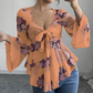 🌺Damenbluse mit Blumenmuster, quadratischem Ausschnitt und geknoteter Vorderseite