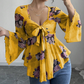 🌺Damenbluse mit Blumenmuster, quadratischem Ausschnitt und geknoteter Vorderseite