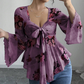 🌺Damenbluse mit Blumenmuster, quadratischem Ausschnitt und geknoteter Vorderseite