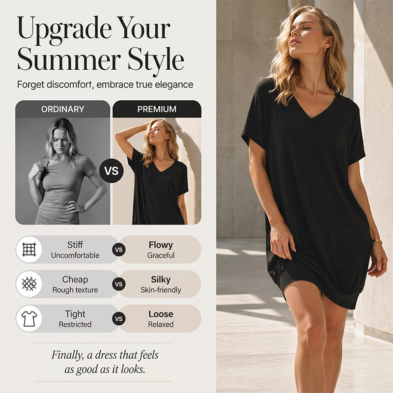 📈 Verkaufshit Nr. 1 – direkt 50%! T-Shirt-Kleid mit V-Ausschnitt für Damen in Übergrößen