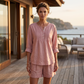 Damen Langarm-Henley-Bluse mit Falten