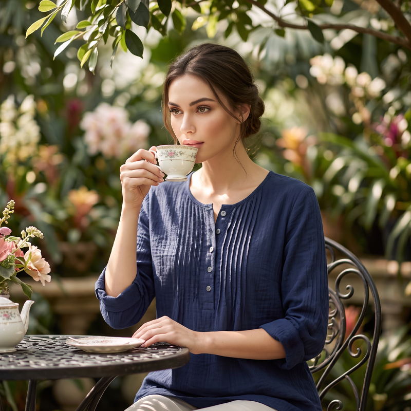 Damen Langarm-Henley-Bluse mit Falten
