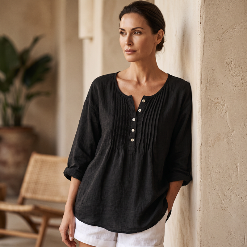 Damen Langarm-Henley-Bluse mit Falten