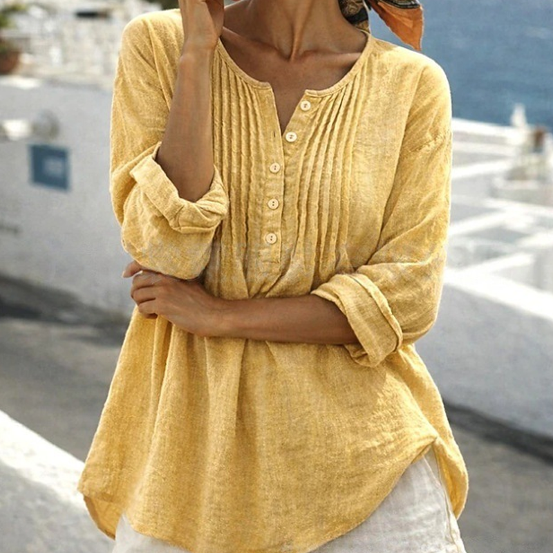 Damen Langarm-Henley-Bluse mit Falten