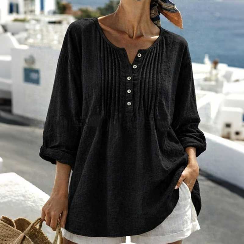Damen Langarm-Henley-Bluse mit Falten