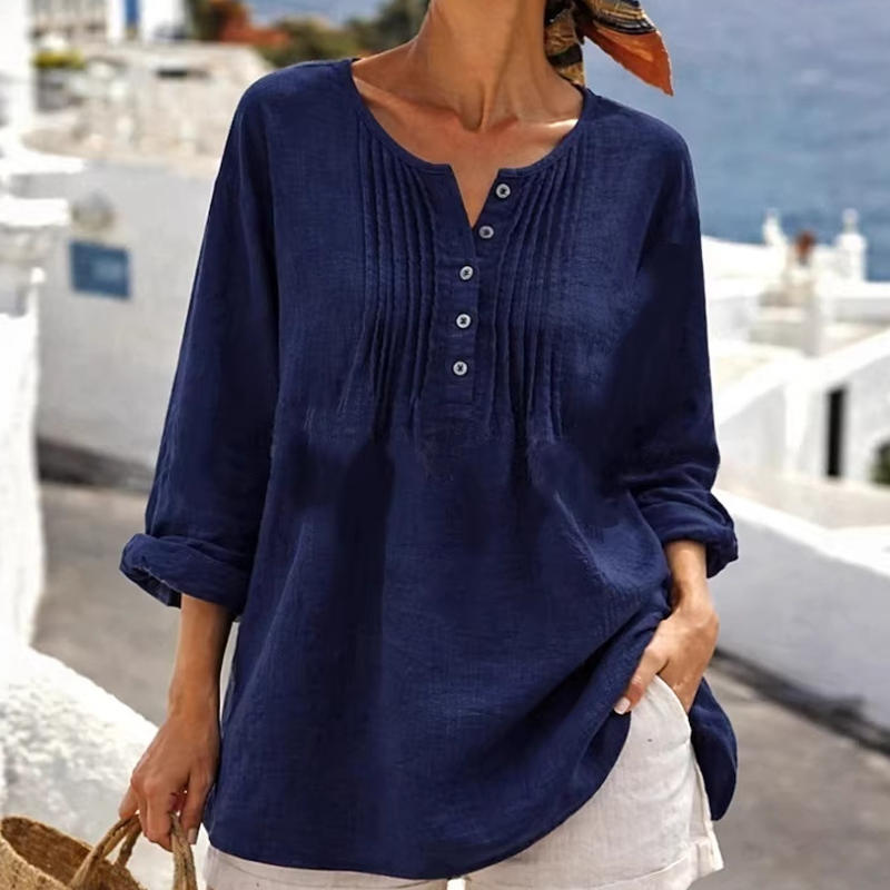 Damen Langarm-Henley-Bluse mit Falten